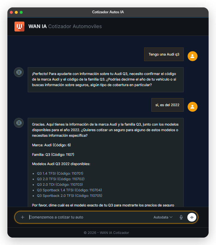 Interfaz del cotizador de automóviles WAN IA